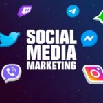 Social media marketing with social icons around on tech background 3d | Premium Photo